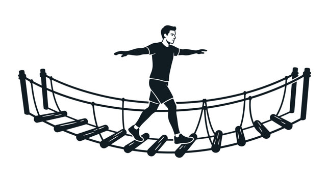A man walking across a rope bridge balancing carefully.