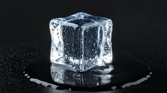 A single melting ice cube sits in a puddle of water on a dark surface