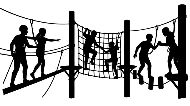 Silhouettes of people navigating an outdoor adventure ropes course and obstacle challenge.
