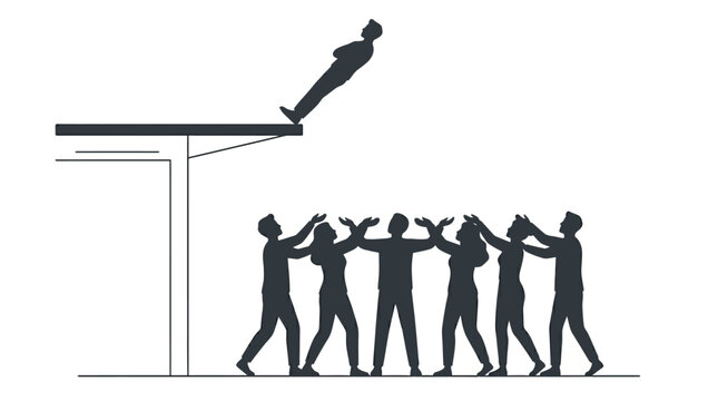 A silhouette illustration of a person falling from a ledge toward a group of people waiting to catch them.