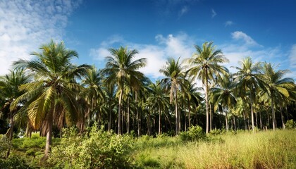 Fototapeta premium Beautiful Palm Trees Forest And Blue Sky