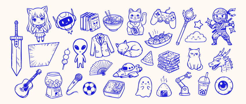Cartoon Elements Collection: A delightful assortment of hand-drawn cartoon elements, featuring a variety of characters, objects, and symbols, perfect for adding a playful touch to any design.