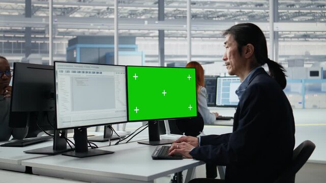 Mockup PC, reviewing microchip production and Asian man in factory workspace, improving semiconductor hardware, green screen computer and senior manager in R&D office for semiconductor research.