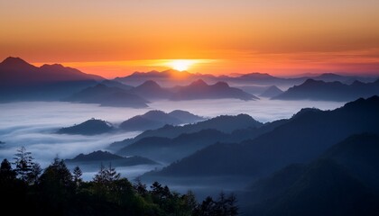 Fototapeta premium Serene Sunrise Over Misty Mountain Range Tranquil Landscape Photography