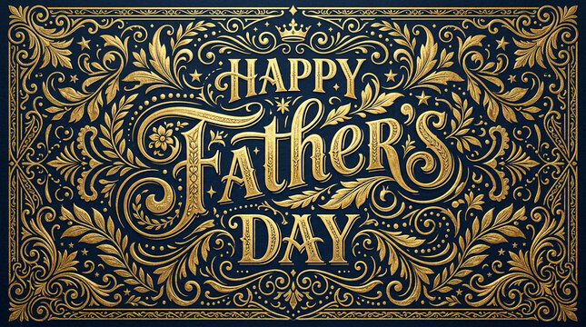 elegant hand-lettered Happy Father&rsquo;s Day typography filling entire frame, decorative ornaments and festive elements, luxury greeting design