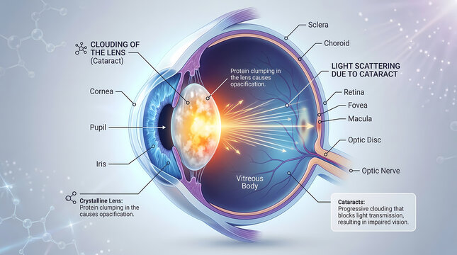 Detailed Medical Diagram of Human Eye with Cataract Pathology and Protein Clumping