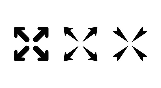 Collection of three expanding arrows icons representing expansion, growth, and outward movement in various graphic styles for digital interfaces and design elements