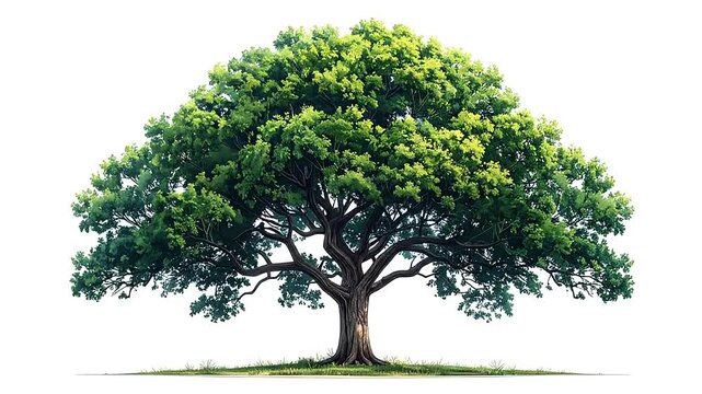 A large green tree with a wide canopy isolated on a white background