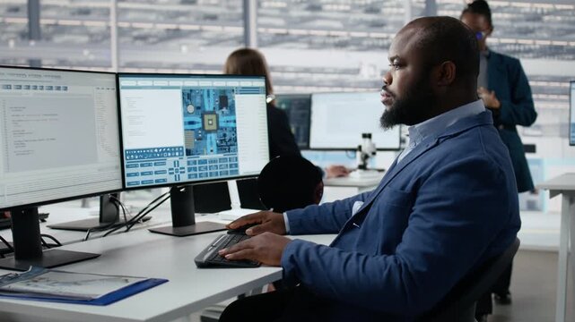 Man and woman modeling integrated circuit systems with PC software in R&D office.