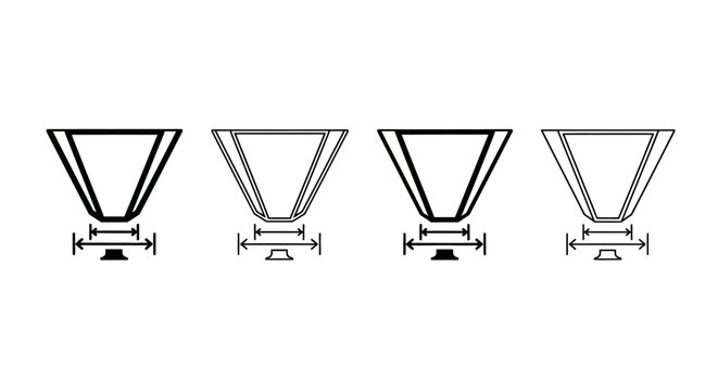 Technical line drawing showing four different funnel shapes with dimensional measurements for industrial design