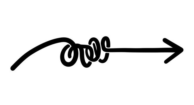 Hand-drawn black arrow with a decorative curly spiral loop design isolated on a white background