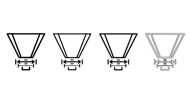Technical Line Art Diagrams of Funnel Shapes with Measurement Markers for Business Process and Data Filtering Analysis