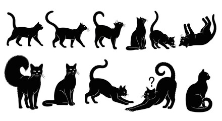 Collection of black cat silhouettes in various playful and curious poses, depicting domestic felines in different actions © Awais