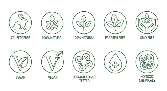 Collection of Green Eco Friendly Certification Icons for Natural Vegan and Organic Product Packaging