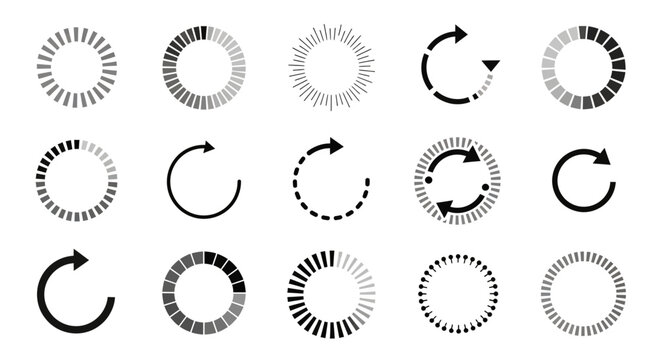 Collection of circular loading icons and refresh symbols on a white background