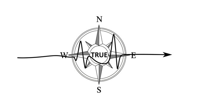 Conceptual design of an illustrative compass with 'TRUE' at its core, symbolizing the unwavering pursuit of authentic direction, moral integrity, and navigating life's genuine path amidst challenges