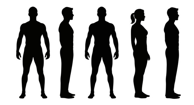 Silhouettes of male and female figures standing in profile views showcasing diverse body types and postures