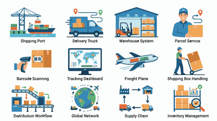 Naklejka premium Set of logistic and supply chain icons on a white background, showcasing shipping, delivery, warehouse, and tracking processes