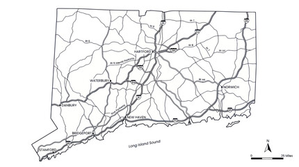 Obraz premium Connecticut Map with Roads and Cities - Black and White Outline