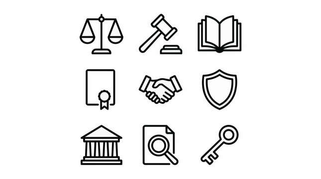 Legal icons set showing a scale of justice, a gavel, an open book, a diploma, a handshake, a shield, a building, a document with a magnifying glass, and a key
