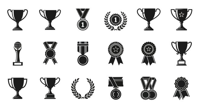 Collection of victory award icons featuring winner trophies, champion medals, success ribbons and laurel wreaths for achievement