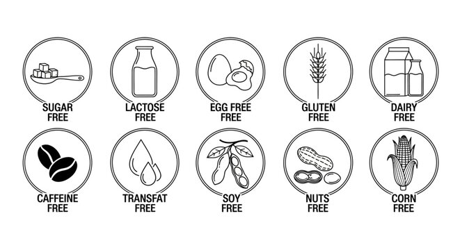 Set of dietary food allergen icons featuring gluten free sugar free and dairy free labels for healthy product packaging and nutrition