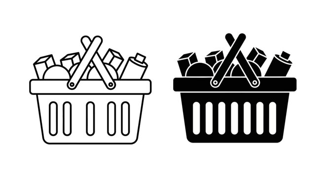 Shopping basket icon set with outline and filled glyph styles for retail and e-commerce