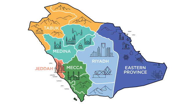Colorful Map of Saudi Arabia Regions with Landmarks