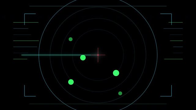 Radar Screen Display: A close-up of a digital radar screen, showing several glowing green targets on a circular display with intersecting lines, representing detection and tracking.