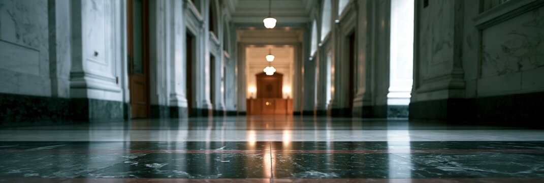 Long perspective shot of an empty courthouse hallway featuring a softly blurred corridor and a brightly illuminated judicial bench at the far end emphasizing depth and