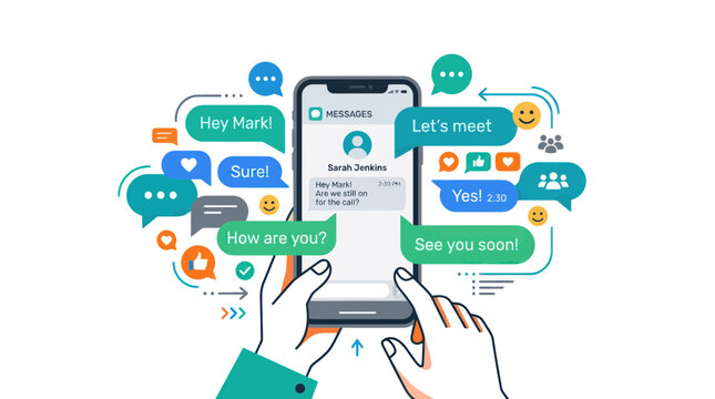 Hands holding smartphone, texting conversation with chat bubbles and emojis, communication concept