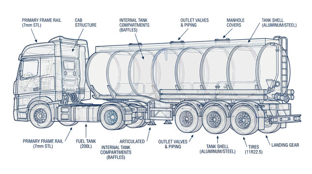 Diagram of a Fuel Tanker Truck with Labeled Components
