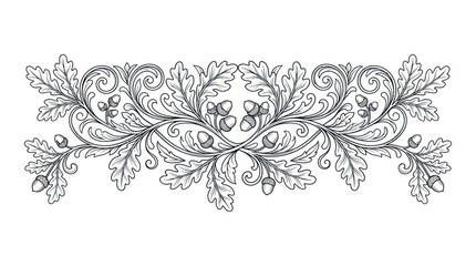Ornate Oak Leaf and Acorn Decorative Border - Vintage Botanical Illustration © hidayati