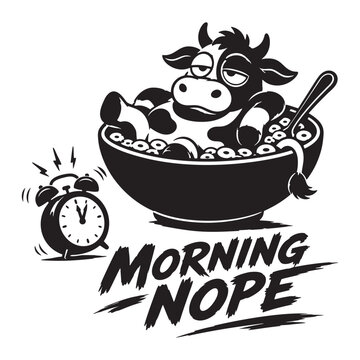 Funny cow character sitting in a bowl of cereal with an alarm clock and morning nope text Vector