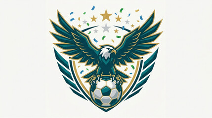 Fototapeta premium Eagle, soccer ball, shield, sports logo, vector icon, gold stars, confetti