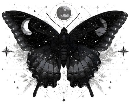 A beautifully detailed black butterfly illustration adorned with lunar phases, stars and celestial elements on a white background creates mystery.