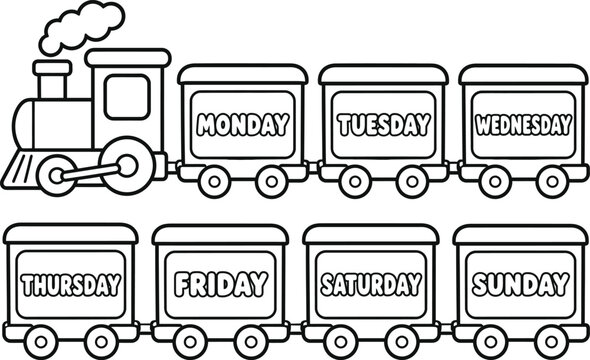 Days of the week train, daily schedule vector, weekday icons, educational illustration
