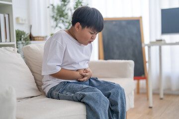 Obraz premium Portrait of sick unhappy little child asian boy touching belly stomach with suffering from stomach ache pain, gastritis, gastroenteritis, food poisoning, diarrhea, intestinal inflammation at home