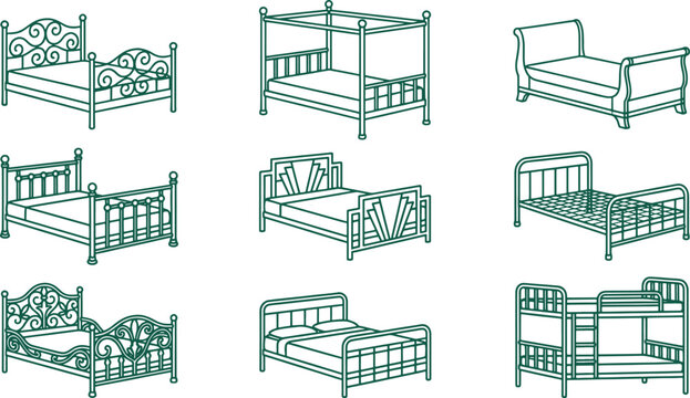 Collection of various bed frames including canopy, bunk, and metal in green line on a white background