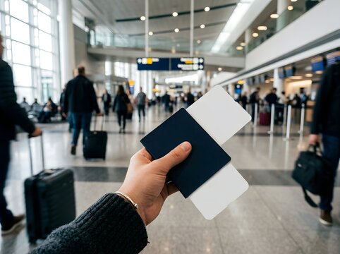 Close up of person hand holding passport and boarding pass in busy airport terminal with check in passport terminal vacation departure