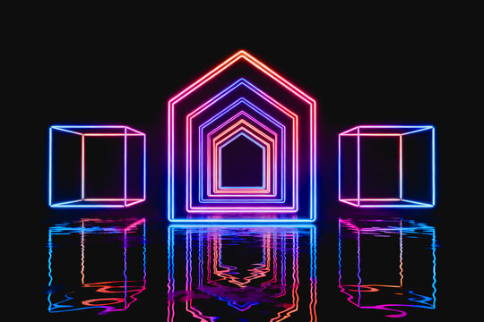 3D rendered abstract neon house and cube frames glowing on a dark reflective surface, vibrant colorful lines. 
