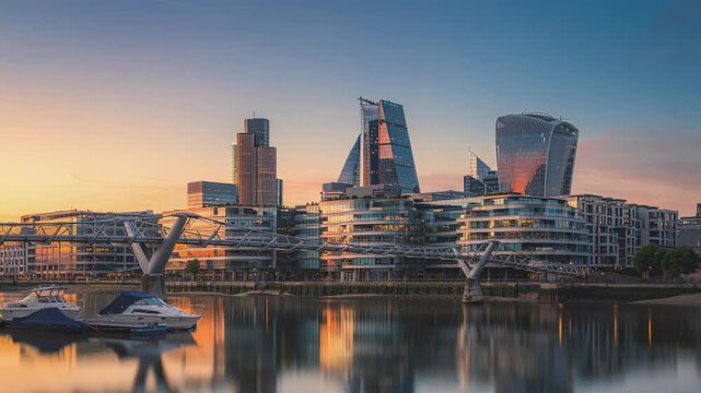 Modern London cityscape with iconic skyscrapers and river Thames at sunset reflecting colorful sky