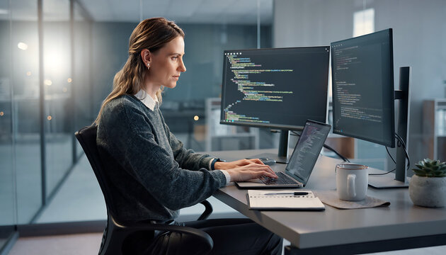 Focused female software engineer actively coding on a laptop and multiple monitors in a modern office, showcasing dedication to technology development and digital innovation
