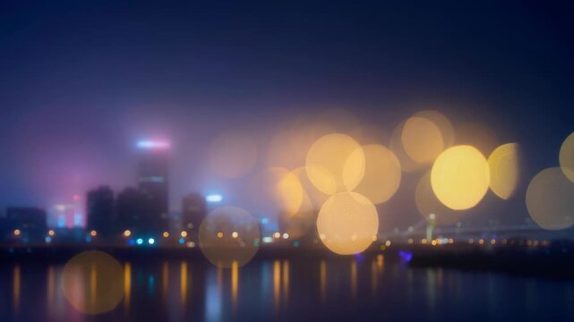 City skyline with colorful bokeh lights reflecting on water at night vibrant urban landscape