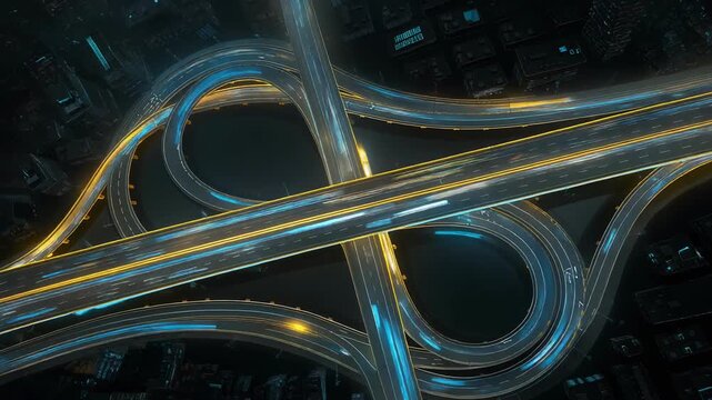 Aerial view of futuristic highway interchange with illuminated roads and flowing traffic at night