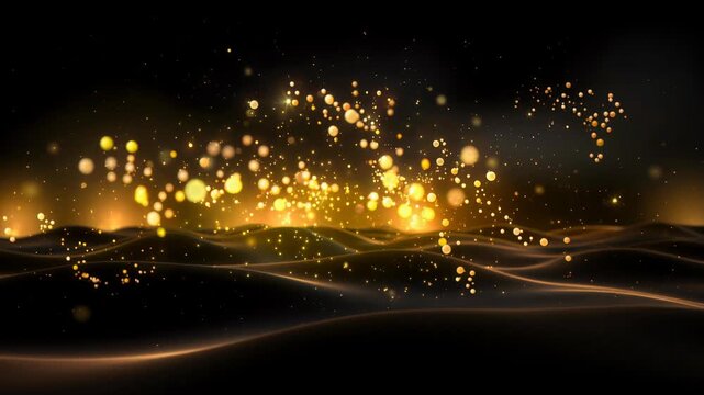 Abstract glowing golden particles floating over smooth dark waves with sparkling light effects