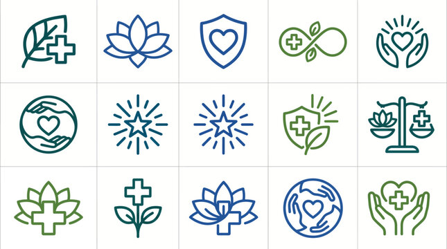 Collection of health and wellness logos with natural and medical symbols.