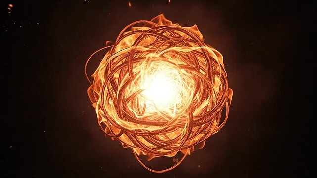 A glowing sphere of tangled burning wires emits bright sparks in the dark