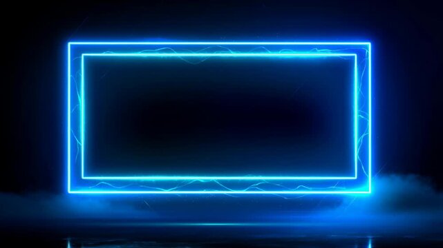Glowing blue neon rectangular frame with electric effects on dark misty background