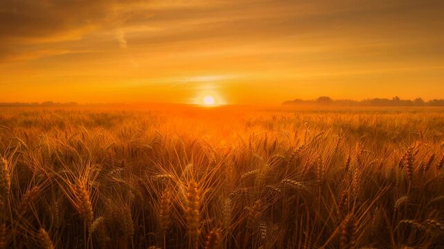 Golden wheat field at sunrise with warm sunlight and clear sky over rural landscape